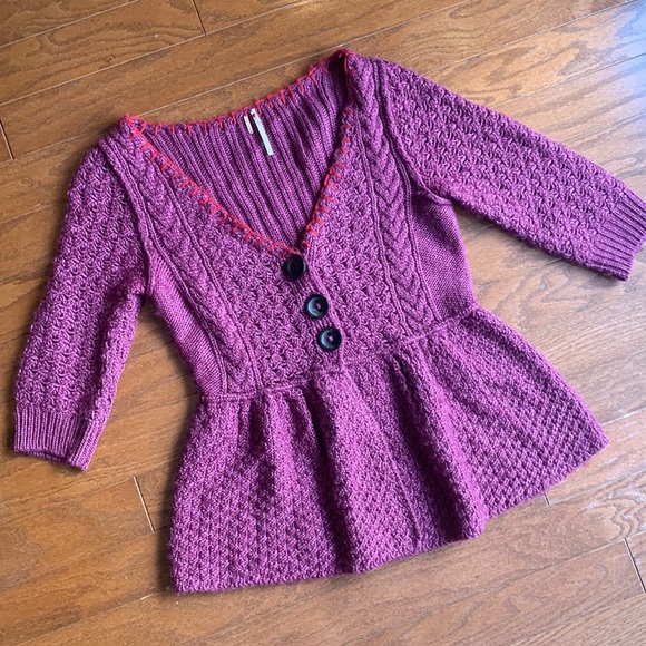 Free People Sweaters - Free People Boho Knit Fuchsia V-Neck Ruffle Longline Wool Cardigan Size Medium